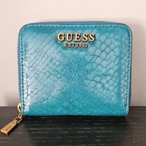 GUESS Teal Snake-Embossed Zip-Around Wallet with Gold Hardware